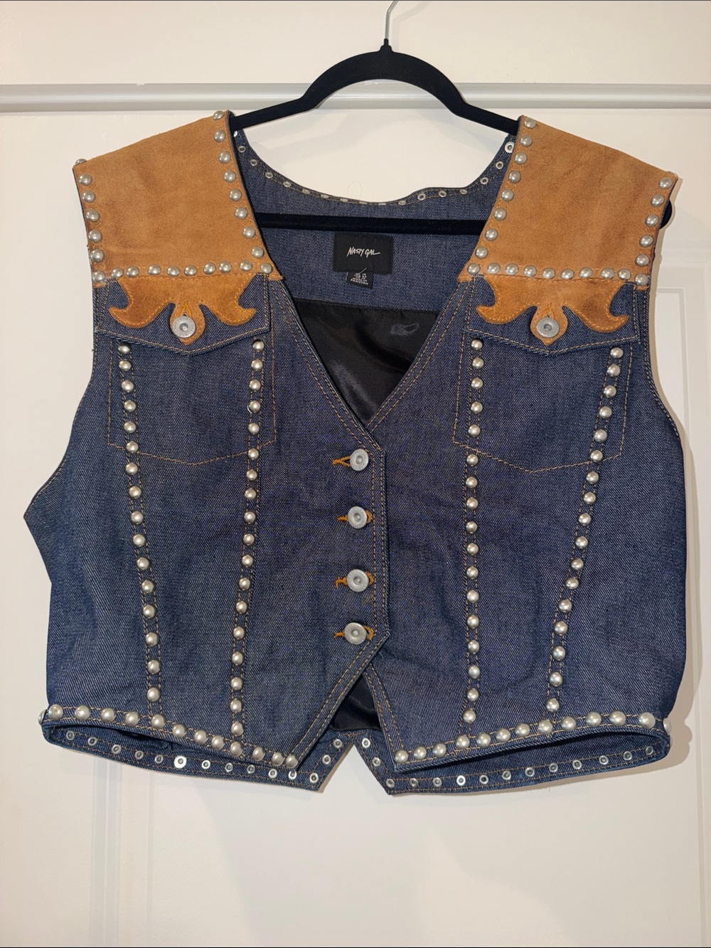 Nasty Gal Denim Vest with Tan Suede Yokes and Silver Studs